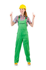 Female handyman in overalls isolated on white