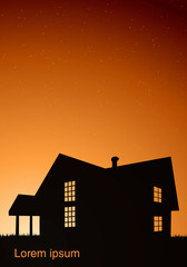 illustration of house with windows black against the sunset