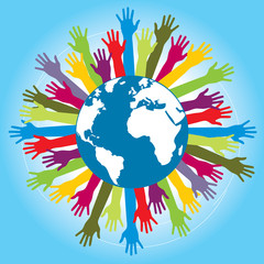 Naklejka premium Human arms colored around the globe with the world map.
