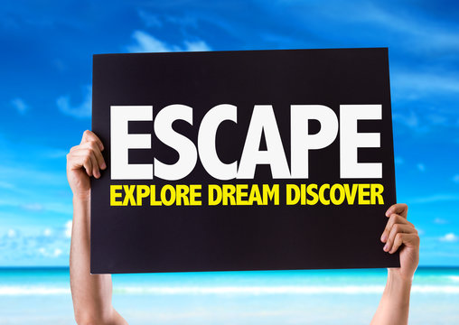 Escape Explore Dream Discover card with beach background
