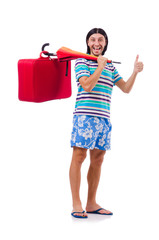 Traveler with red case  and umbrella isolated on white