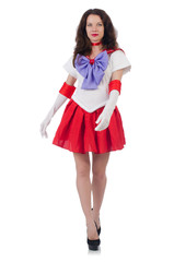 Female model wearing red dress isolated on white