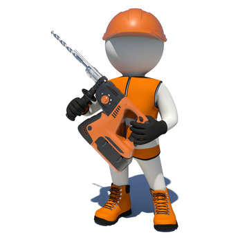 Worker in vest, shoes and helmet holding electric perforator