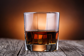 Whiskey on a wooden table.