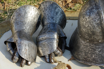 medieval armor gloves and helmet