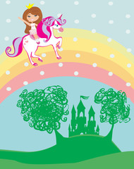 Fototapeta premium girl on a unicorn flying on a rainbow