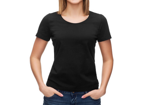 smiling woman in blank black t-shirt
