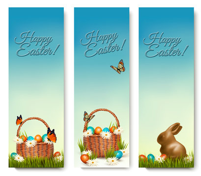 Three banners with Easter backgrounds. Eggs in baskets and a cho