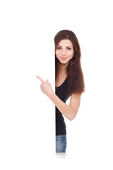 attractive girl pointing to blank ad