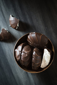 Chocolate-coated Zefir in Small Metal Bowl