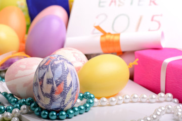 Easter setting with gift box and spring decoration