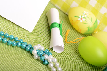 Easter setting with gift box and spring decoration