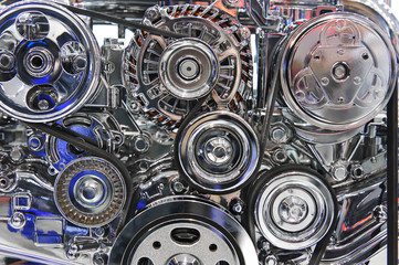 Engine with metal and chrome parts of sport car motor