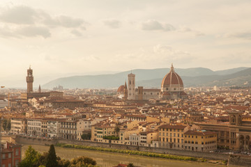 Fototapeta na wymiar Aerial panorama of Florence Duomo dome and rooftops. Tuscany Ita