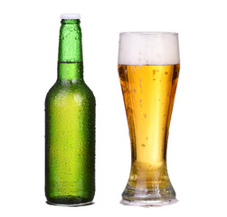Isolated bottle and glass with light beer