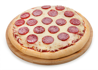 Pizza with salami isolated on white background