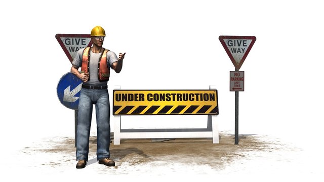 under construction road barrier sign with construction workers