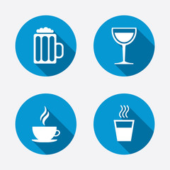 Drinks signs. Coffee cup, glass of beer icons.
