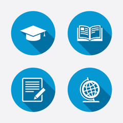 Pencil and open book signs. Graduation cap icon.