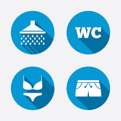 Swimming pool icons. Shower and swimwear signs.