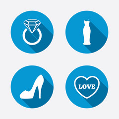 Wedding dress icon. Women's shoe symbol.