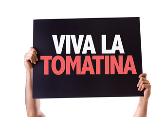 Cheers for the Tomatina Party (in Spanish) card isolated