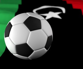 Soccer ball on Libya blurred corrugated flag 3d illustration