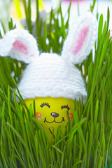 Fototapeta premium Easter decoration with cute egg in bunny hat