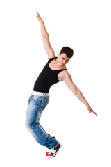 young break dancer showing his skills on white background