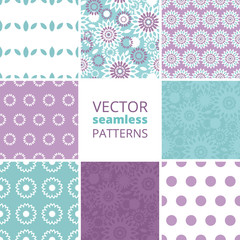 Vector purple and blue floral abstract set of eight matching