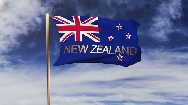New Zealand flag with title waving in the wind. Looping sun