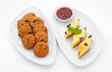 Set of international dishes arranged for catering, studio shot