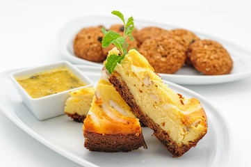 Set of international dishes arranged for catering, studio shot