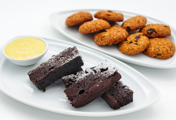Set of international dishes arranged for catering, studio shot