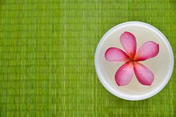 Red frangipani flower in glass bowl on straw mat