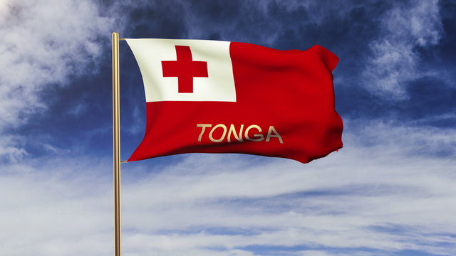Tonga flag with title waving in the wind. Looping sun rises