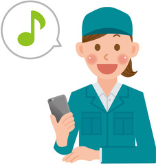 作業員　女性　スマホ　音符