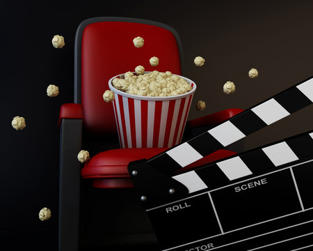 3d Cinema clapper board and popcorn
