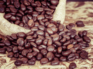 Coffee beans in a bag with filter effect retro vintage style