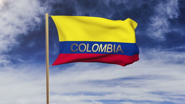 Colombia flag with title waving in the wind. Looping sun rises