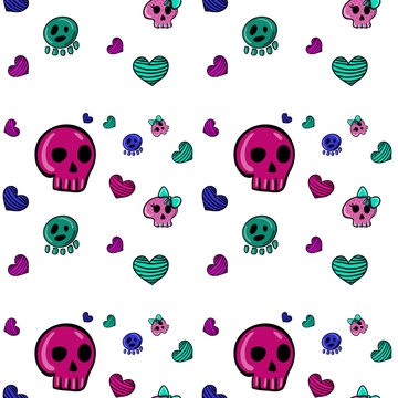 seamless pattern in Emo style with skulls and hearts