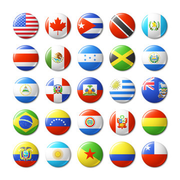 World flags round badges, magnets. North and South America.