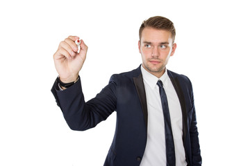 Young businessman writing on virtual screen