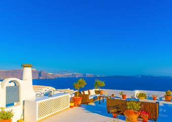 View from a terrace in Oia in Santorini island in Greece