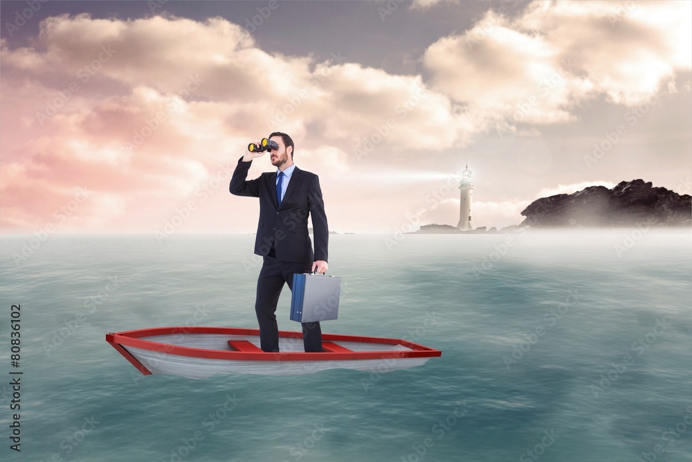 Poster composite image of businessman in boat with binoculars