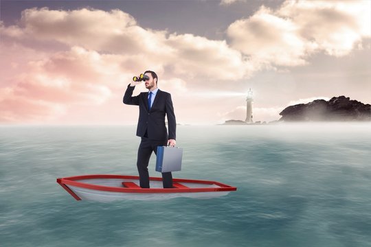Composite image of businessman in boat with binoculars
