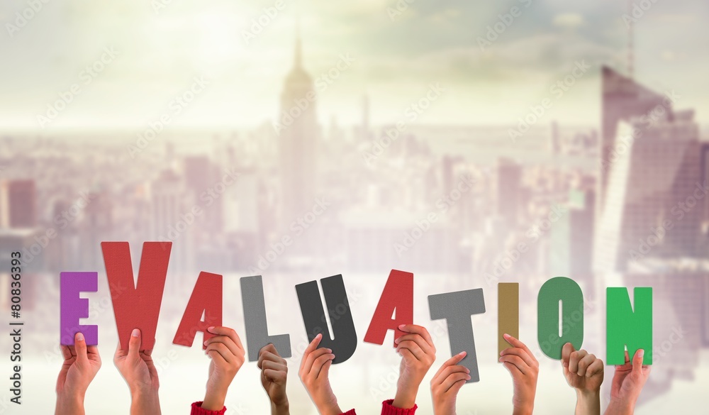 Poster composite image of hands holding up evaluation