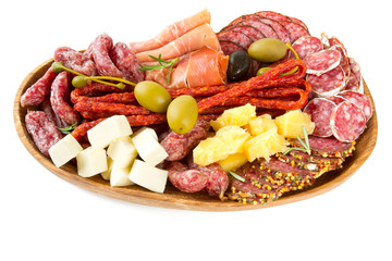 Antipasti and catering platter with different meat and cheese pr
