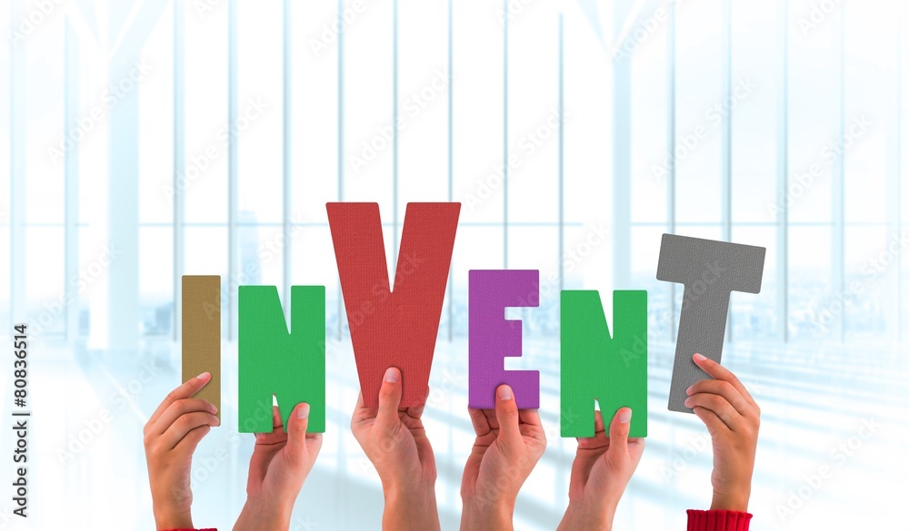 Poster Composite image of hands holding up invent