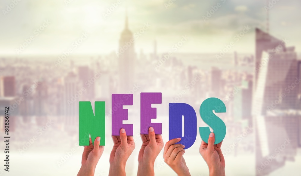 Poster composite image of hands holding up needs